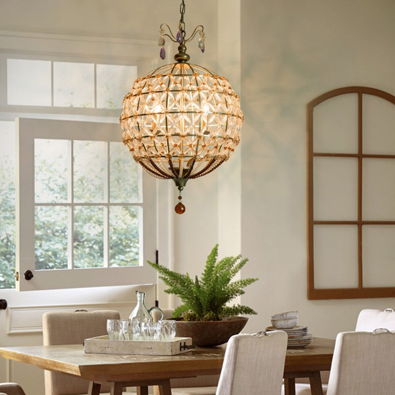 Champagne Globe Frame Chandelier Light Traditional Metal 4 Lights Dining Room Hanging Light with Crystal Accent