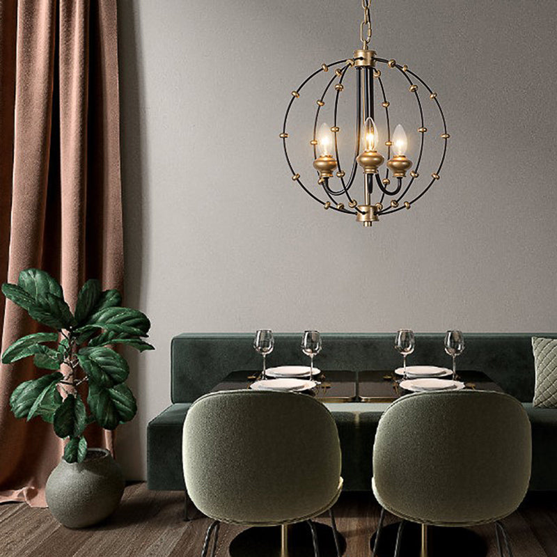 3/5 Bulbs Dining Room Ceiling Lamp Country Black Chandelier Pendant Light with Globe Metal Cage, 15"/19.5" Wide