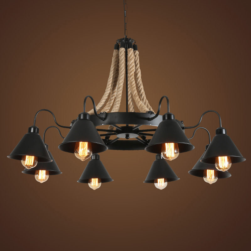 Conical Chandelier Light Industrial Black Iron Suspension Lighting with Wheel and Hemp Decoration