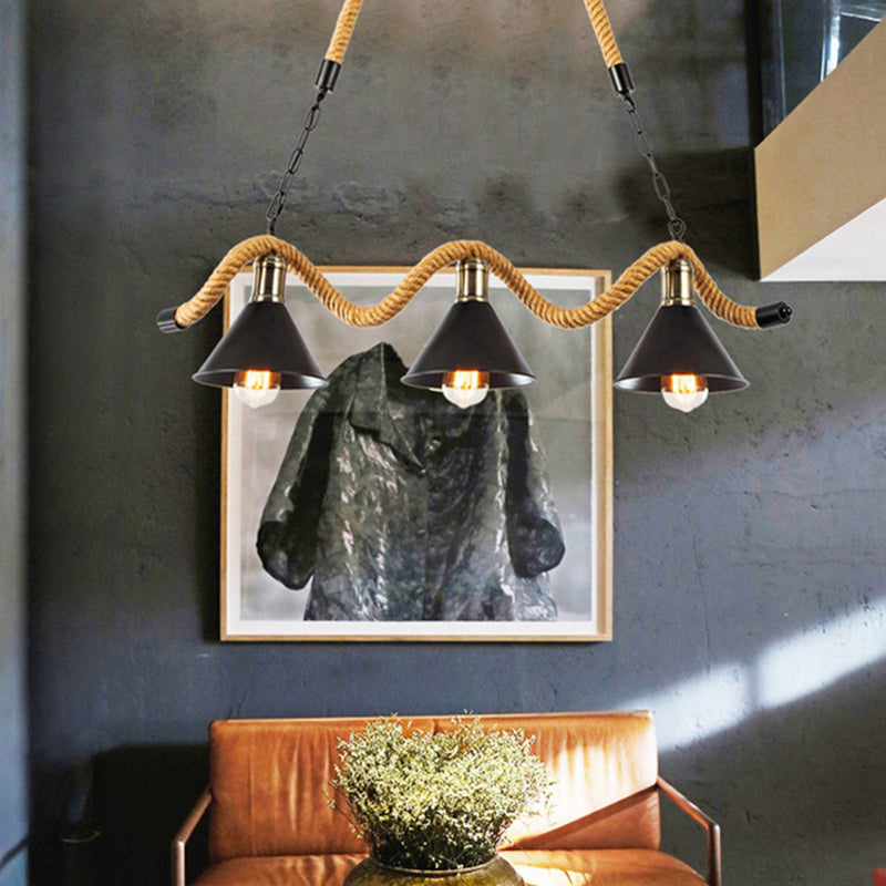 Wavy Hemp Rope Island Light Fixture Rustic Bar Hanging Light with Cone Metal Shade in Black