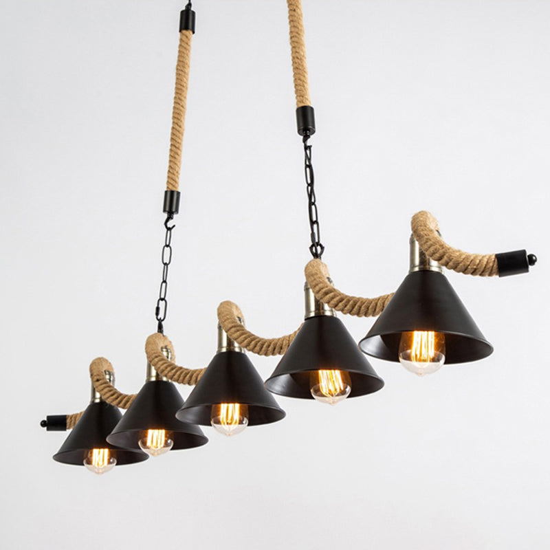 Wavy Hemp Rope Island Light Fixture Rustic Bar Hanging Light with Cone Metal Shade in Black