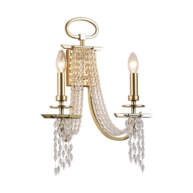Metal Candle Wall Sconce Lighting Modern Luxurious 2-Head Gold Wall Light with Crystal Tassel