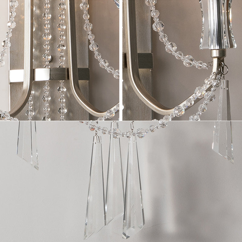 French Country Style Candle Wall Lamp 2-Bulb Metal Wall Light Fixture with Crystals in Brushed Silver