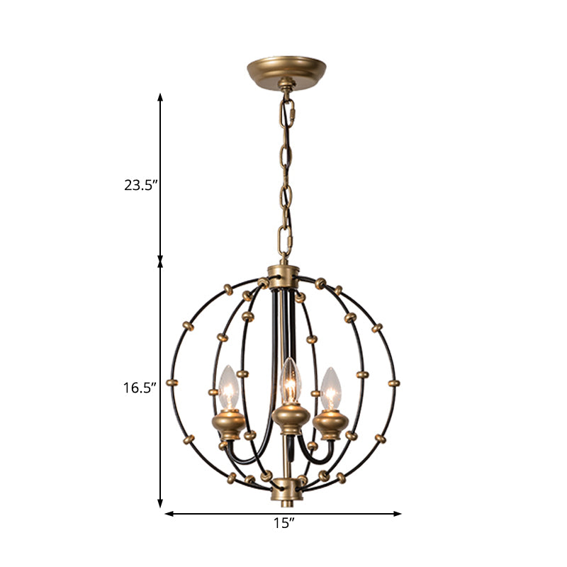 3/5 Bulbs Dining Room Ceiling Lamp Country Black Chandelier Pendant Light with Globe Metal Cage, 15"/19.5" Wide
