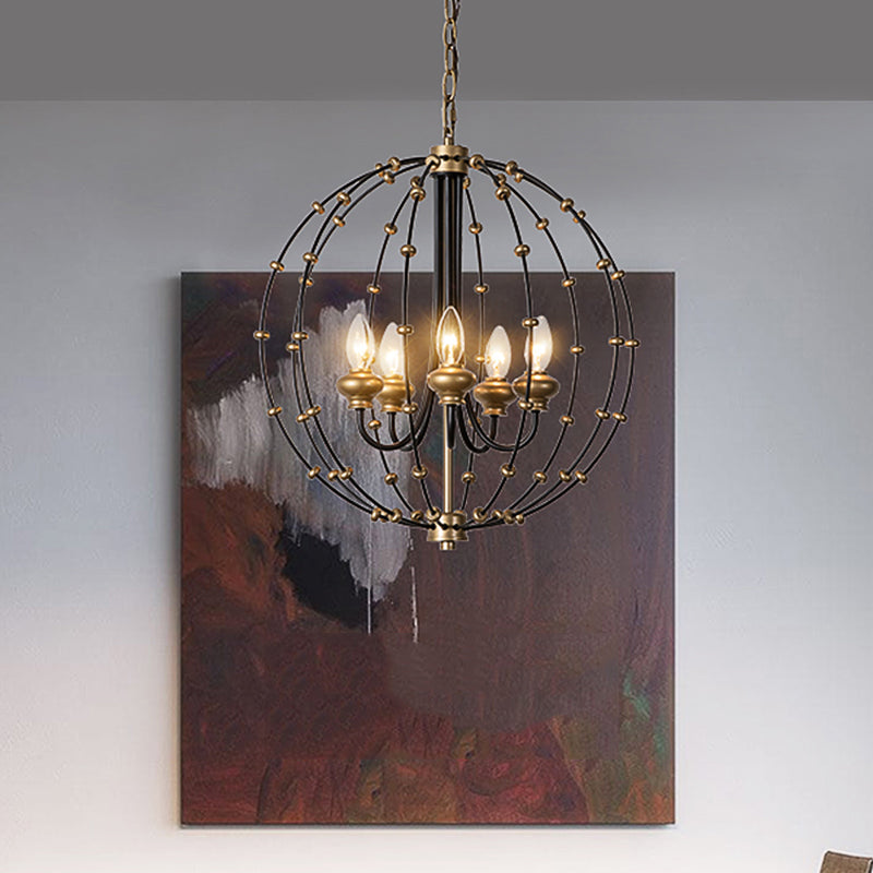 3/5 Bulbs Dining Room Ceiling Lamp Country Black Chandelier Pendant Light with Globe Metal Cage, 15"/19.5" Wide
