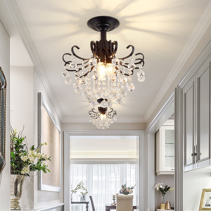 3 Bulbs Ceiling Lighting Vintage Swirl Metal Semi Flush Mounted Light with Crystal Orbs