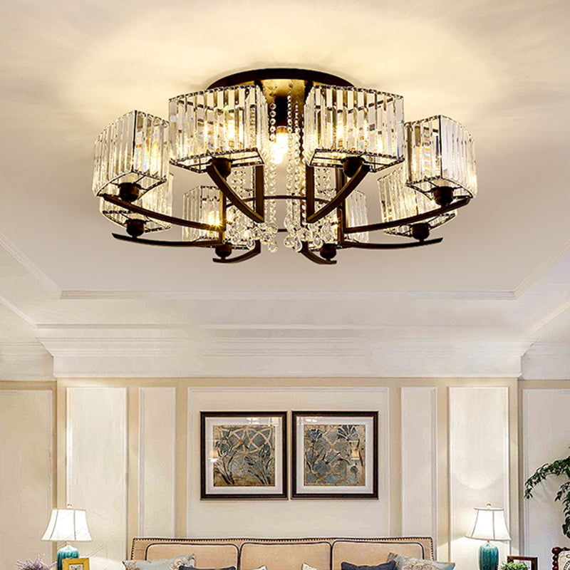 Round Living Room Ceiling Lamp Retro Crystal Block Black Semi Flush Mount Lighting