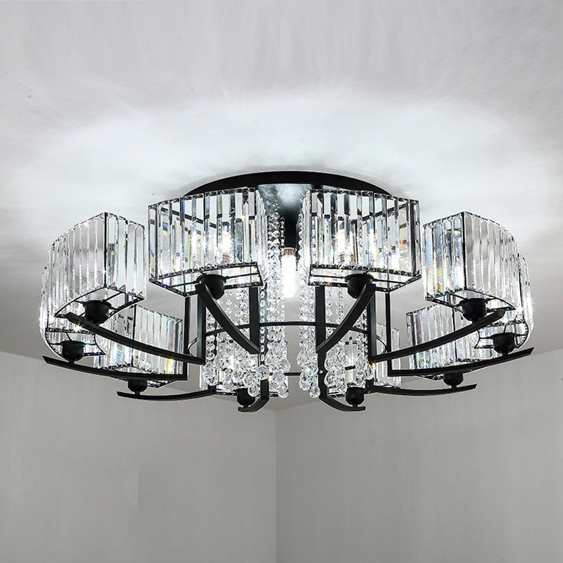 Round Living Room Ceiling Lamp Retro Crystal Block Black Semi Flush Mount Lighting