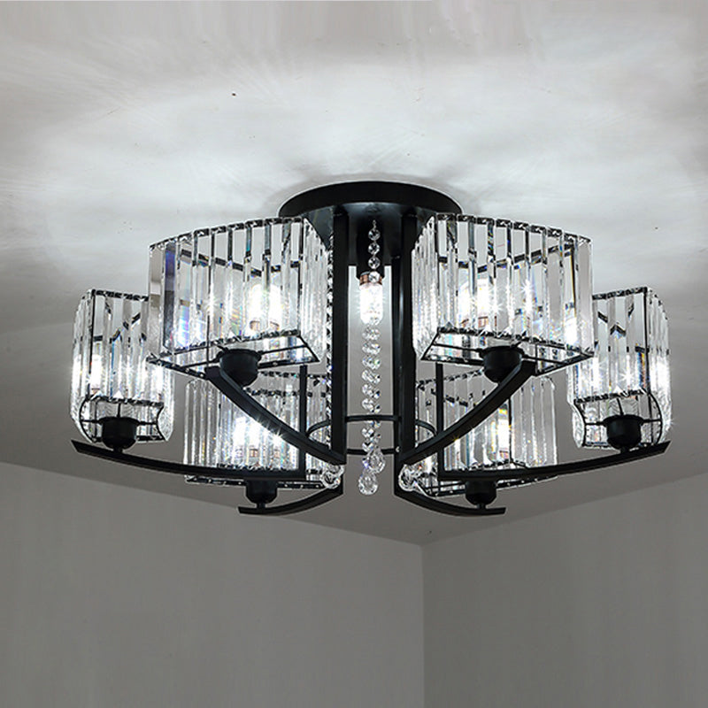 Round Living Room Ceiling Lamp Retro Crystal Block Black Semi Flush Mount Lighting