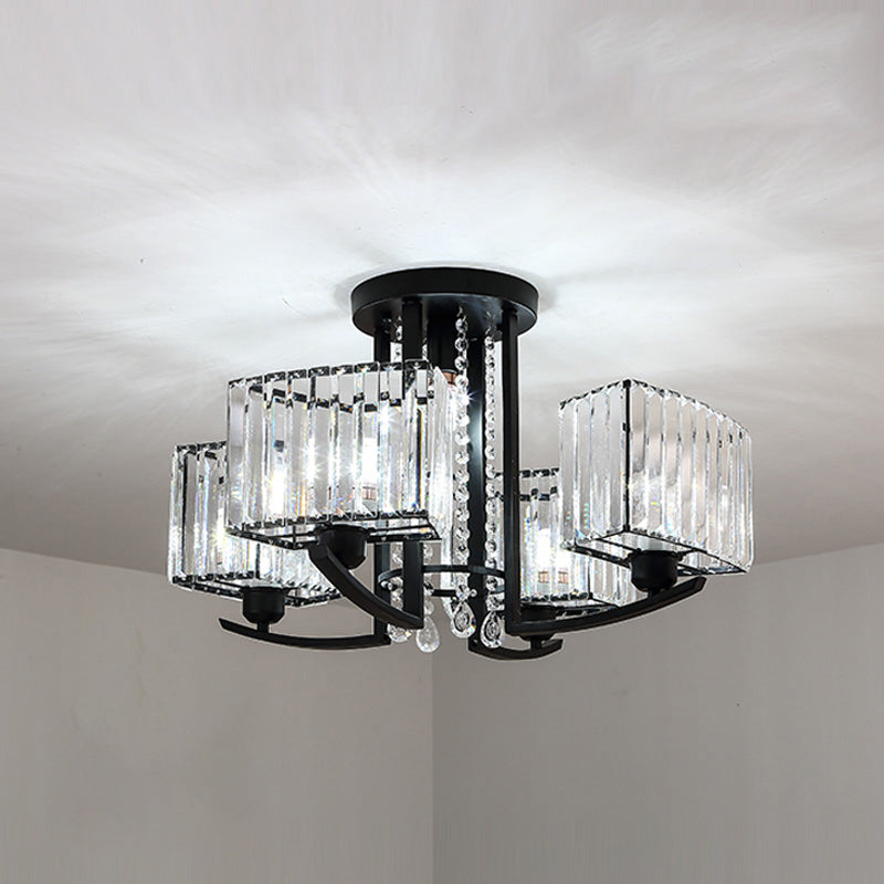Round Living Room Ceiling Lamp Retro Crystal Block Black Semi Flush Mount Lighting