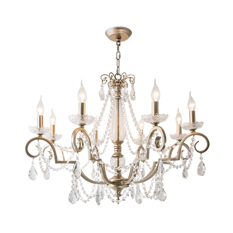 Aged Silver Candle Chandelier Rustic Crystal Living Room Suspension Light with Swirled Arm