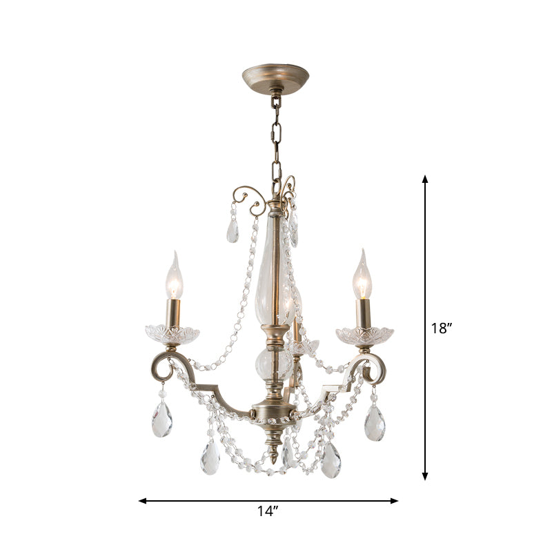 Aged Silver Candle Chandelier Rustic Crystal Living Room Suspension Light with Swirled Arm