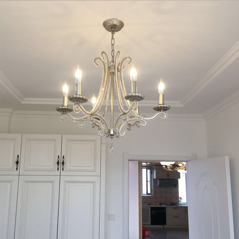 Nickel Finish 6-Bulb Ceiling Pendant Light Traditional Metal Candle Chandelier with Crystal Bead