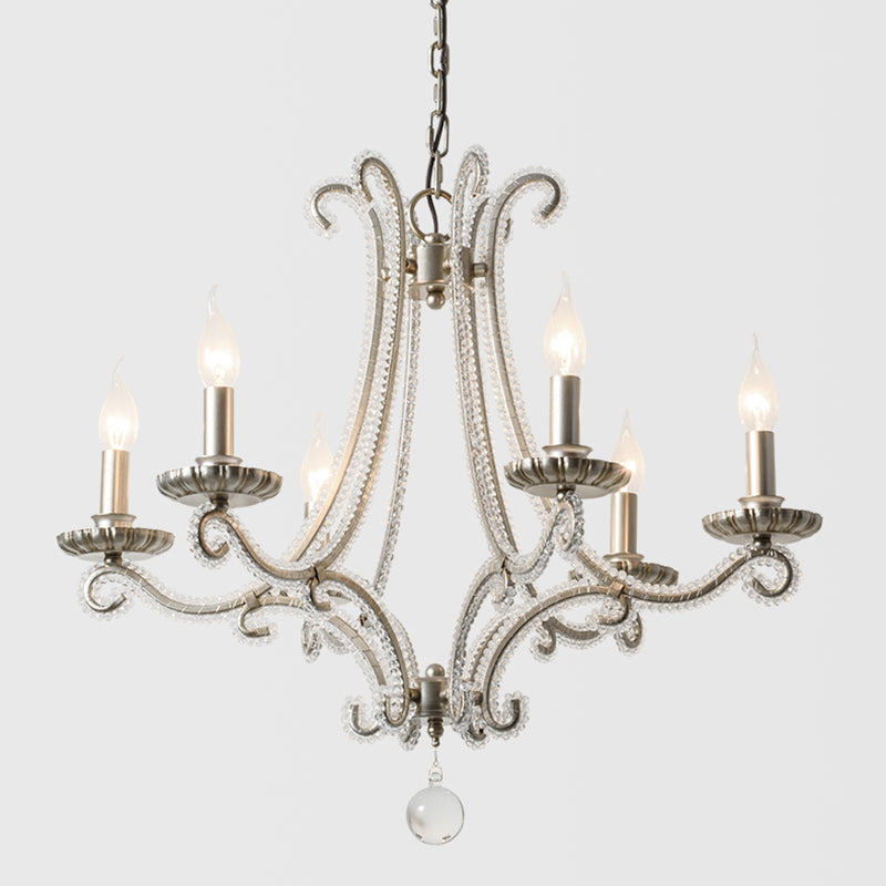 Nickel Finish 6-Bulb Ceiling Pendant Light Traditional Metal Candle Chandelier with Crystal Bead
