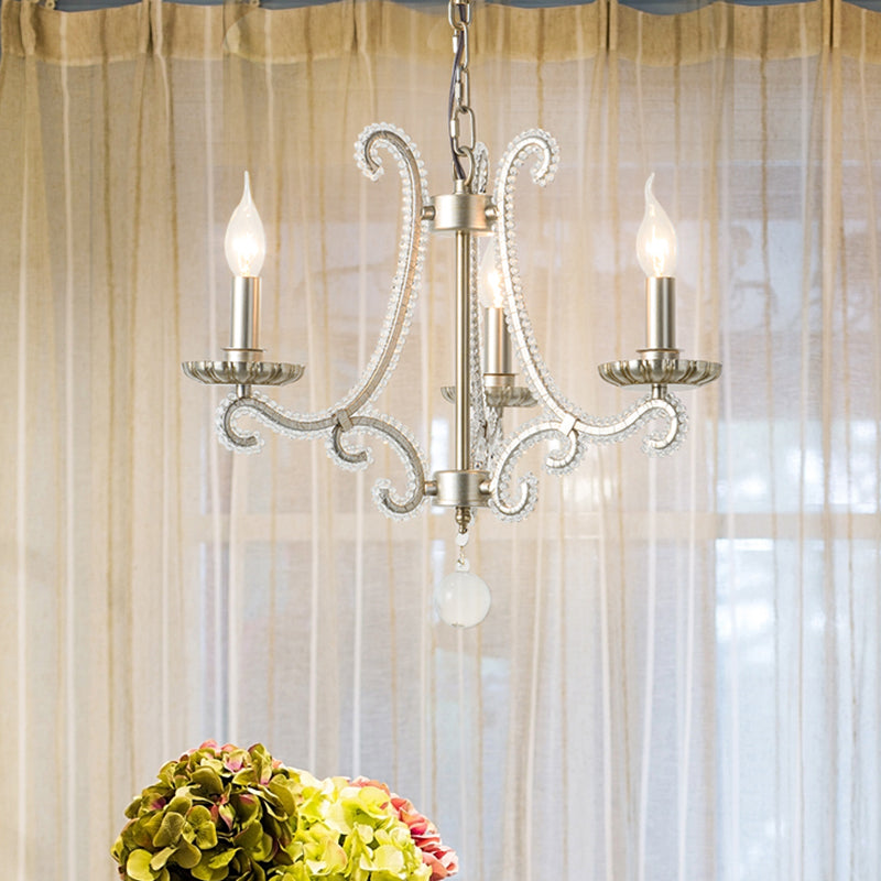 Classic Candelabra Hanging Lamp 3-Light Crystal Beaded Chandelier Light in Nickel