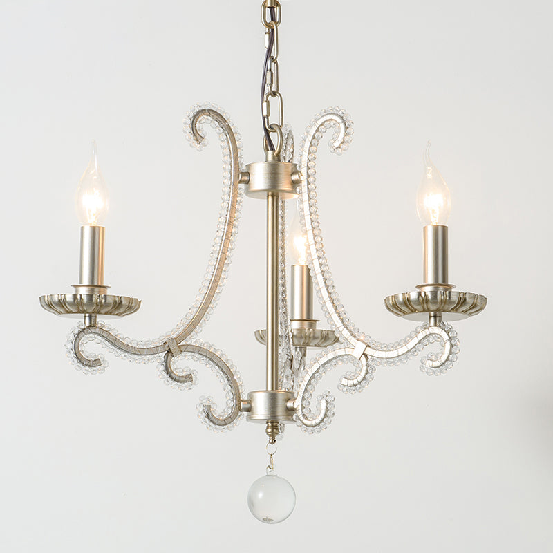 Classic Candelabra Hanging Lamp 3-Light Crystal Beaded Chandelier Light in Nickel