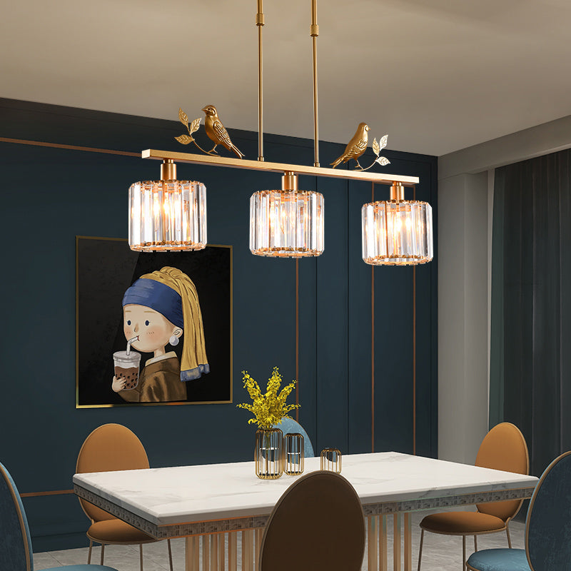 Cylindrical Crystal Island Lighting Rustic 3-Head Dining Room Hanging Light with Bird and Leaf Decor