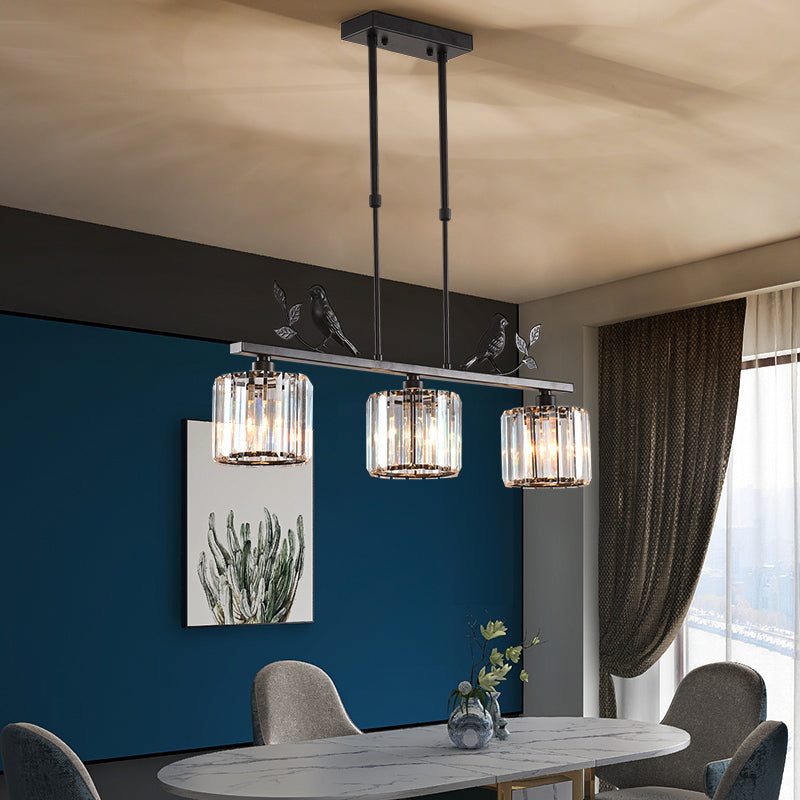 Cylindrical Crystal Island Lighting Rustic 3-Head Dining Room Hanging Light with Bird and Leaf Decor
