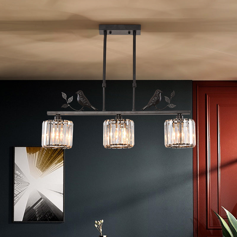 Cylindrical Crystal Island Lighting Rustic 3-Head Dining Room Hanging Light with Bird and Leaf Decor