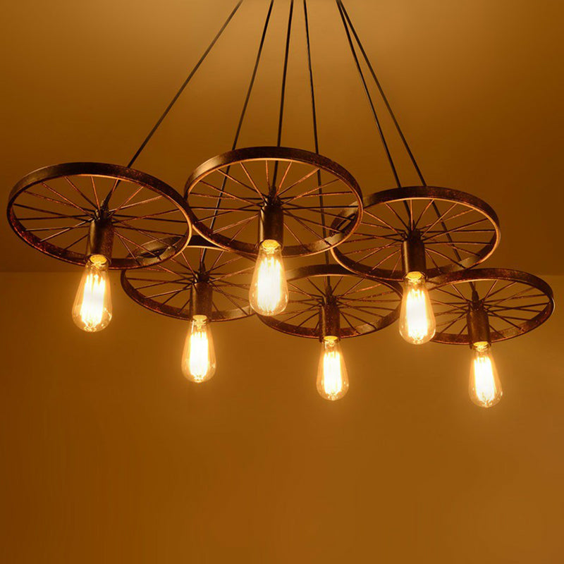 Wheel Ceiling Pendant Light Industrial Style Rust Metal Chandelier for Living Room