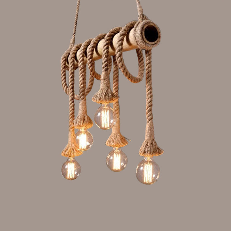 Éclairage de l'île de bar linéaire Country Corche de chanvre 6 ampoules Éclairage pendentif marron avec bâton de bambou
