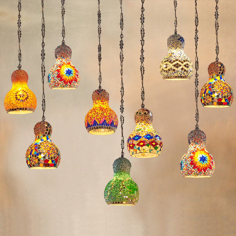 Bohemian Style Gourd Pendant Light 1-Bulb Stained Art Glass Hanging Light for Restaurant