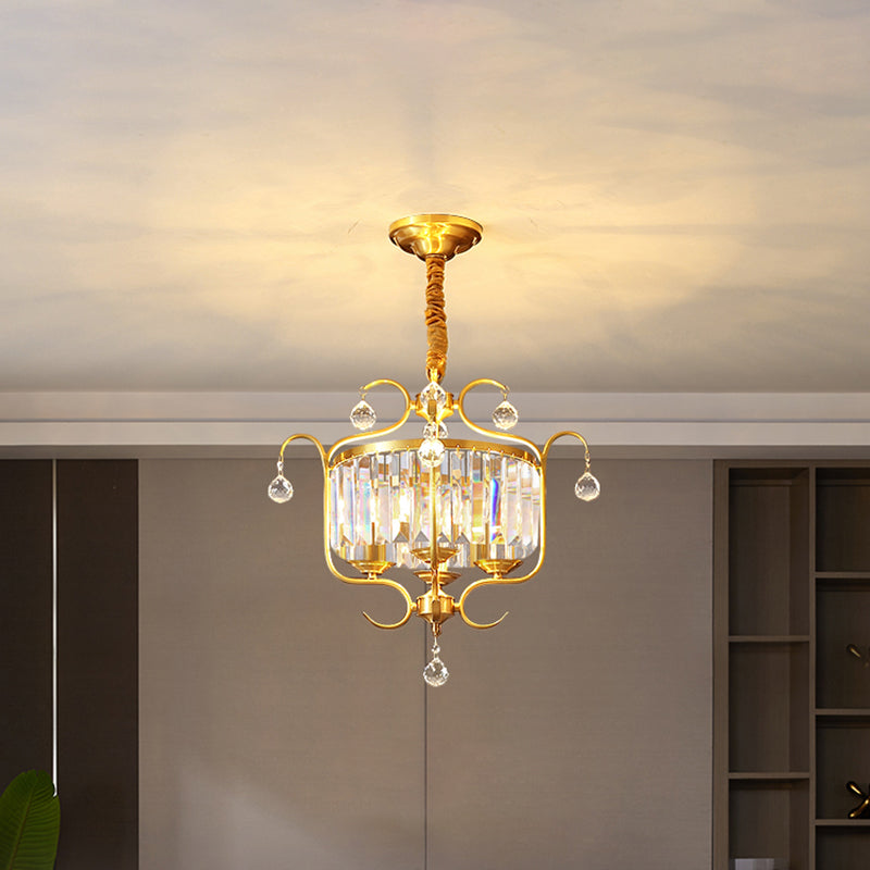 Gold Drum Shaped Suspension Lighting Traditional Crystal 4-Bulb Restaurant Chandelier Light