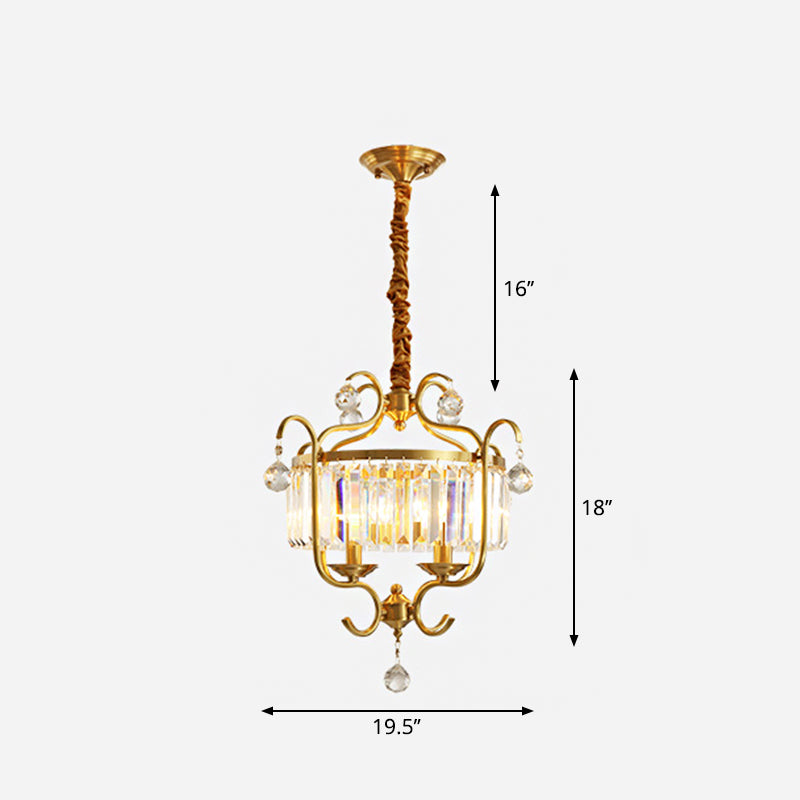 Gold Drum Shaped Suspension Lighting Traditional Crystal 4-Bulb Restaurant Chandelier Light