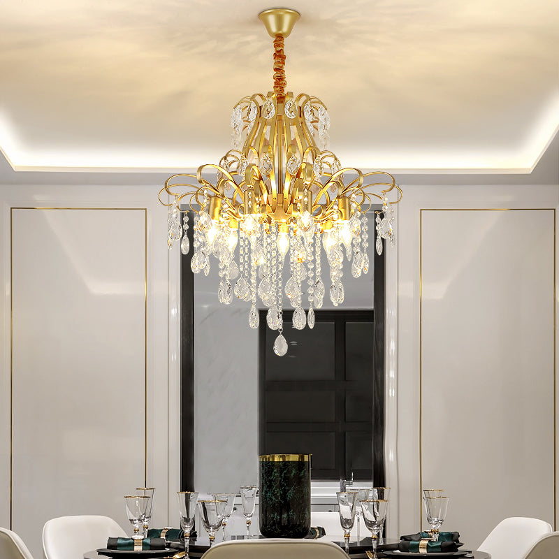 Crystal Teardrop Hanging Lamp Rustic Dining Room Pendant Chandelier with Decorative Swirls