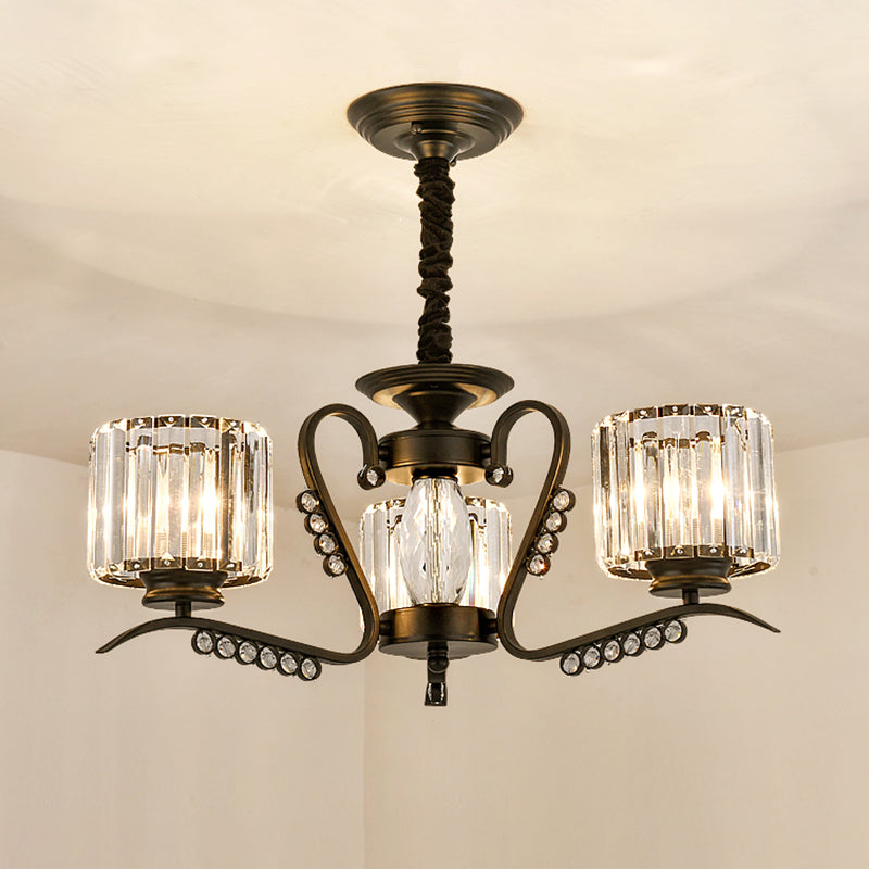 Minimalist Cylindrical Chandelier Tri-Sided Crystal Rod Hanging Light Fixture in Black