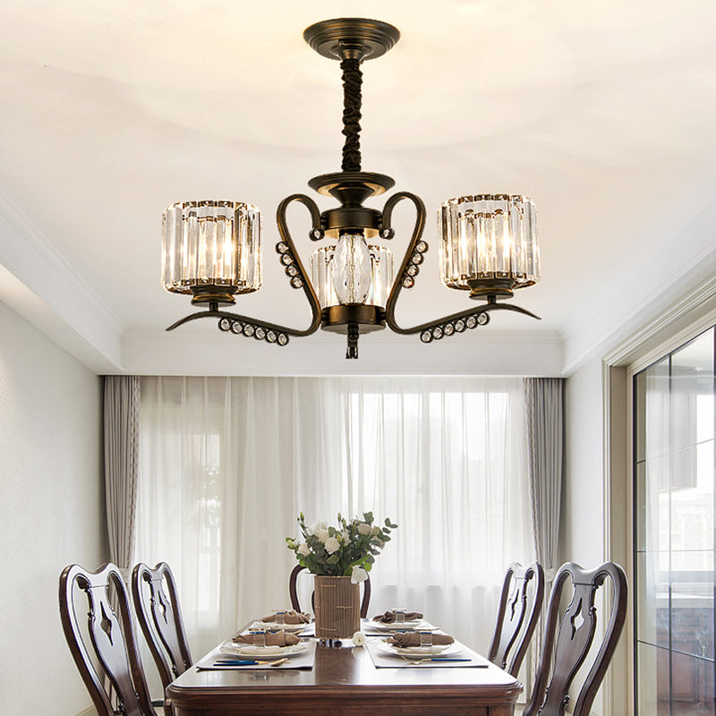 Minimalist Cylindrical Chandelier Tri-Sided Crystal Rod Hanging Light Fixture in Black