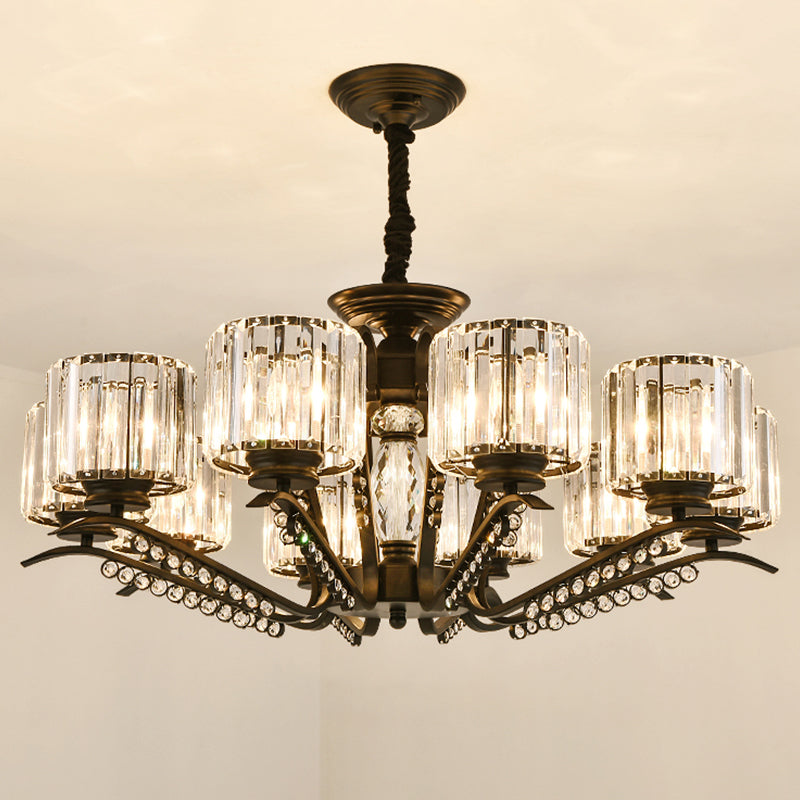 Minimalist Cylindrical Chandelier Tri-Sided Crystal Rod Hanging Light Fixture in Black