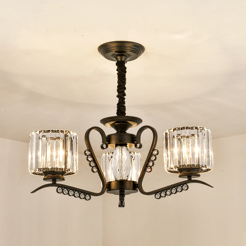 Minimalist Cylindrical Chandelier Tri-Sided Crystal Rod Hanging Light Fixture in Black