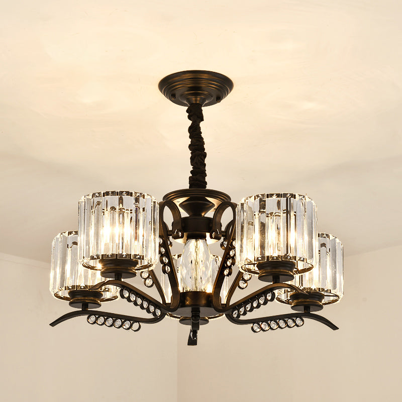 Minimalist Cylindrical Chandelier Tri-Sided Crystal Rod Hanging Light Fixture in Black