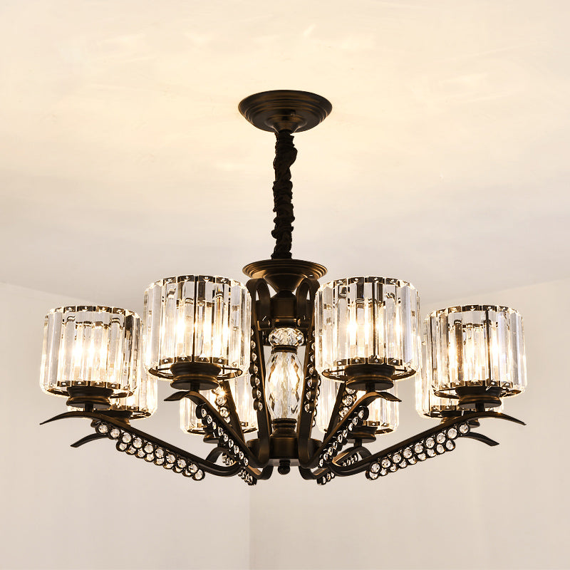 Minimalist Cylindrical Chandelier Tri-Sided Crystal Rod Hanging Light Fixture in Black