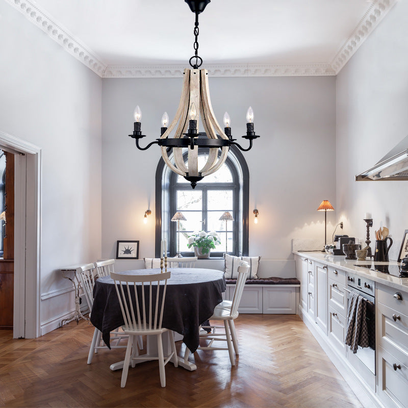 Wood Empire Chandelier Lamp Traditional 5 Lights Dining Room Ceiling Lamp with Black Arm
