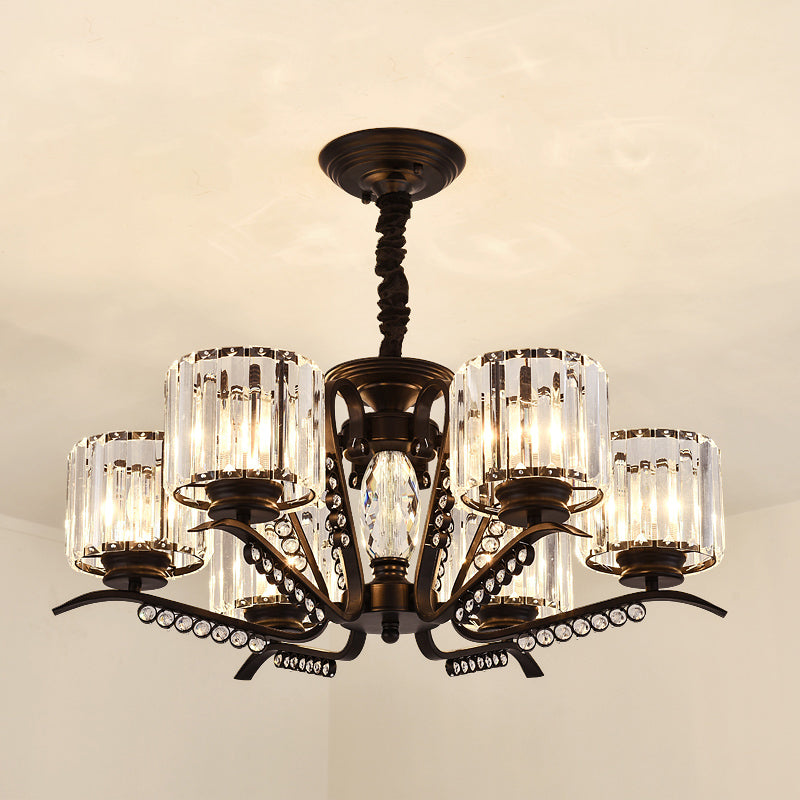 Minimalist Cylindrical Chandelier Tri-Sided Crystal Rod Hanging Light Fixture in Black