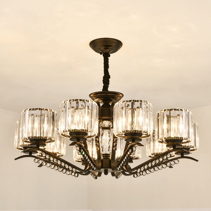 Minimalist Cylindrical Chandelier Tri-Sided Crystal Rod Hanging Light Fixture in Black