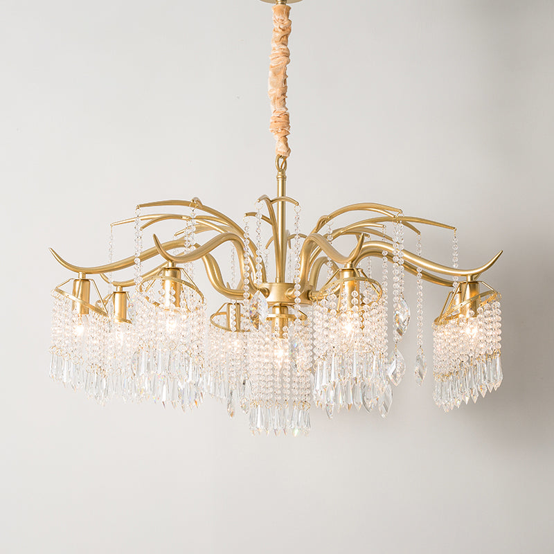 Gold Finish Chandelier Lamp Antique Crystal Tassel Hanging Light Fixture for Bedroom