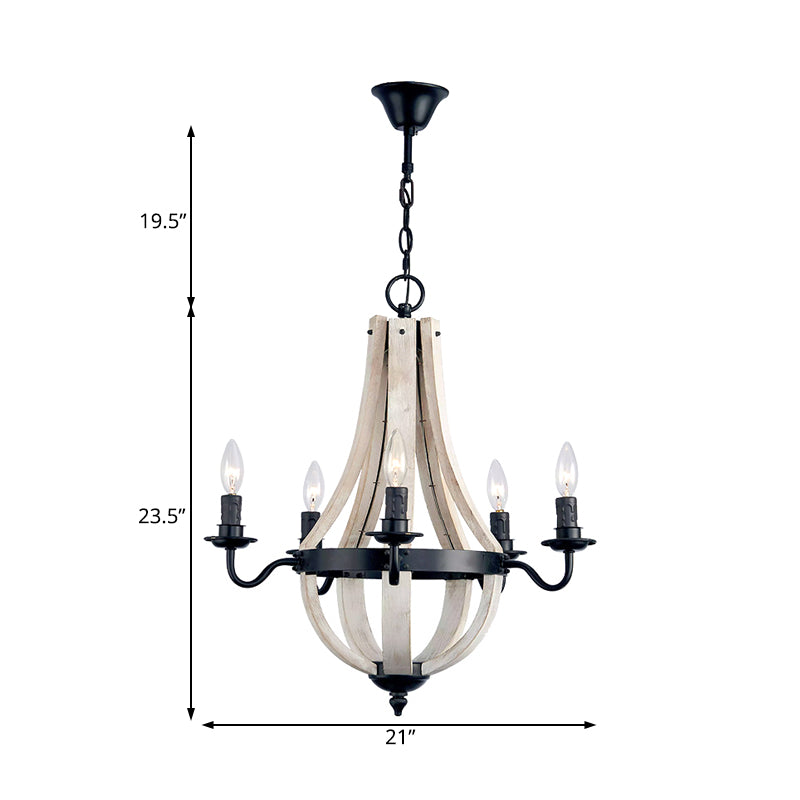 Wood Empire Chandelier Lamp Traditional 5 Lights Dining Room Ceiling Lamp with Black Arm