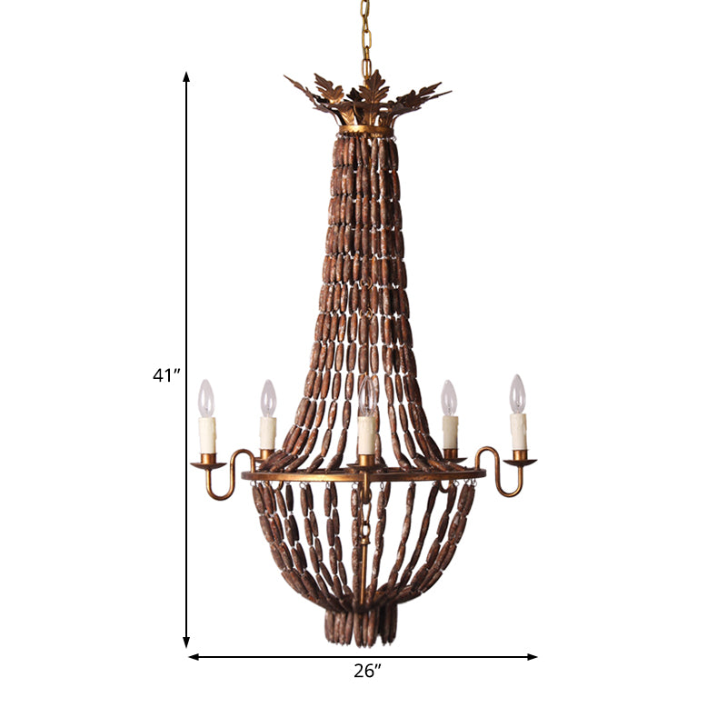 Empire Living Room Chandelier Lighting Vintage Wood 5 Lights Red Brown Pendant Light