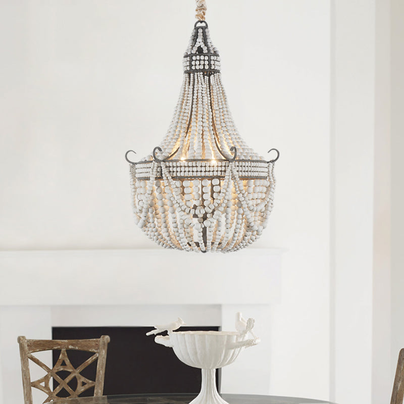 3 Lights Chandelier Light with Empire Shape Wood Strand Bedroom Ceiling Light in White