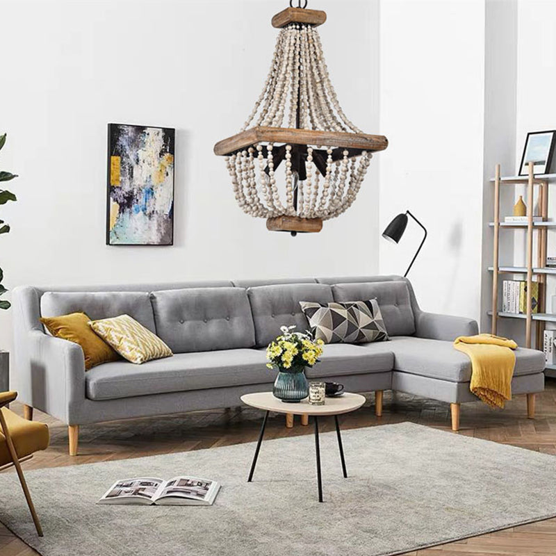 Empire Shape Living Room Chandelier Traditional Wooden Strand 4 Lights Dark Wood Hanging Lamp