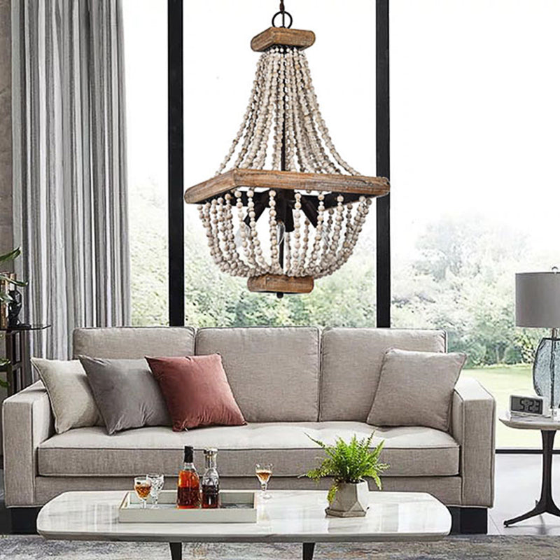 Empire Shape Living Room Chandelier Traditional Wooden Strand 4 Lights Dark Wood Hanging Lamp