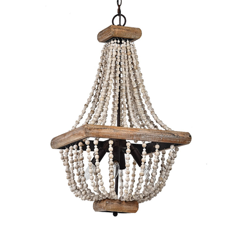 Empire Shape Living Room Chandelier Traditional Wooden Strand 4 Lights Dark Wood Hanging Lamp