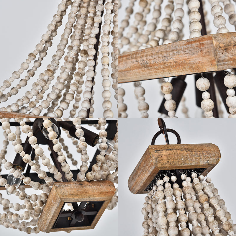 Empire Shape Living Room Chandelier Traditional Wooden Strand 4 Lights Dark Wood Hanging Lamp