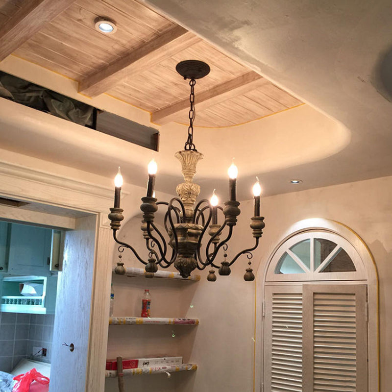Gray Candelabra Hanging Light Traditional Wood 6 Lights Living Room Chandelier Light