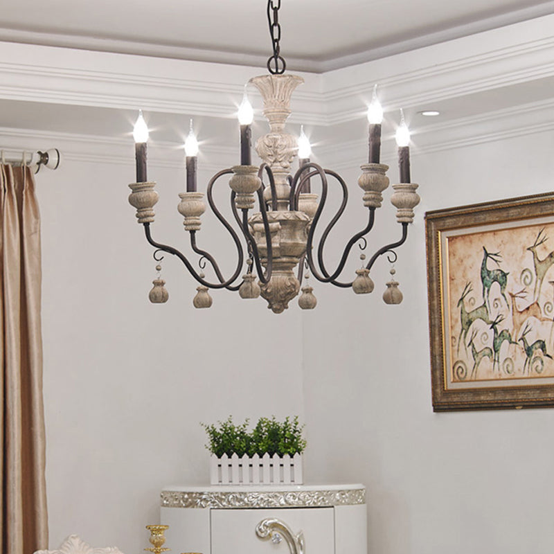 Gray Candelabra Hanging Light Traditional Wood 6 Lights Living Room Chandelier Light