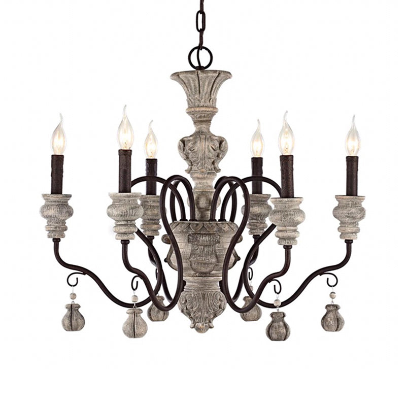 Gray Candelabra Hanging Light Traditional Wood 6 Lights Living Room Chandelier Light
