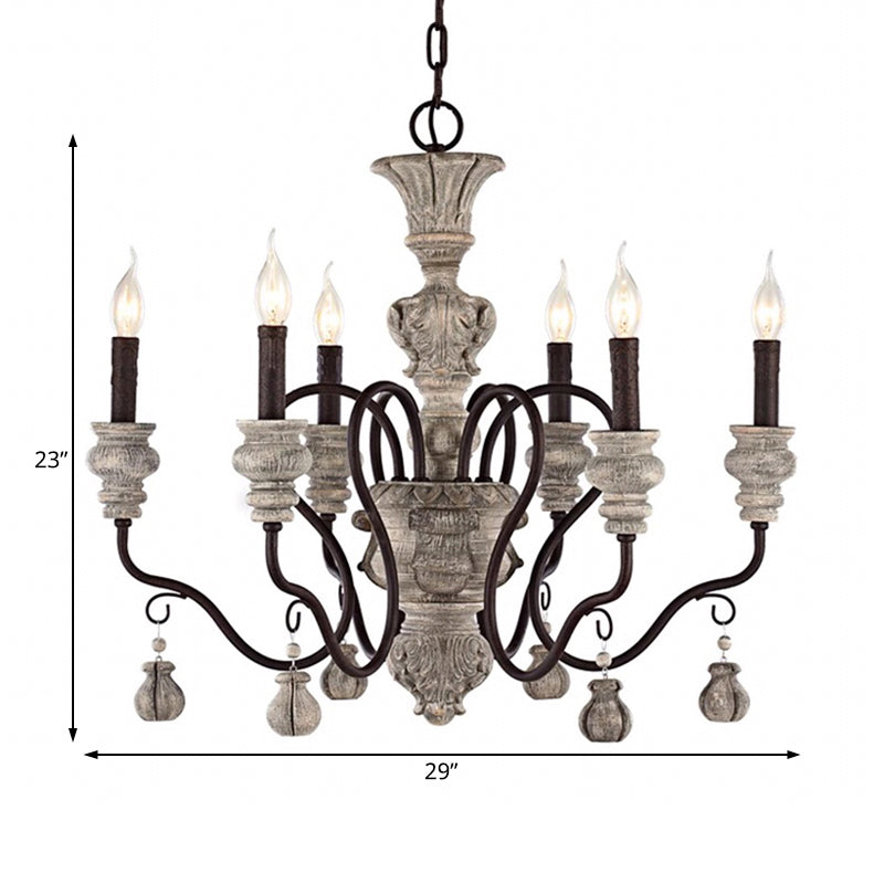 Gray Candelabra Hanging Light Traditional Wood 6 Lights Living Room Chandelier Light